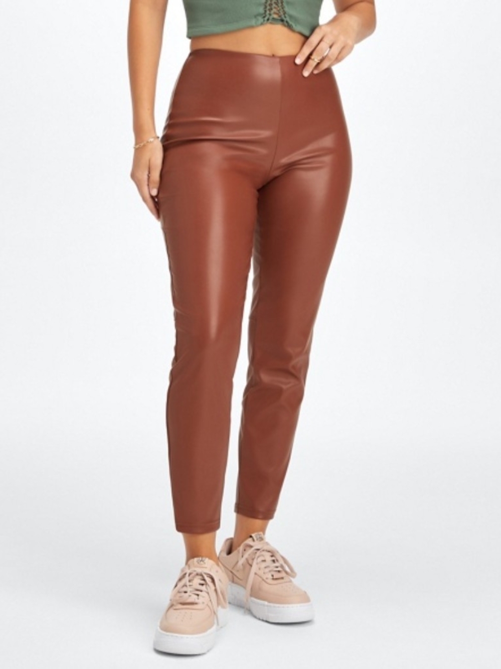 Faux Leather High-Waist Slim Pants - Brown